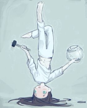 1girl @_@ absurdres artist_name barefoot blush brown_hair commentary fish fishbowl green_eyes hammer highres holding holding_hammer kurohanenone long_hair navel_peek open_mouth original pants shaking shirt simple_background symbol-only_commentary upside-down white_pants white_shirt