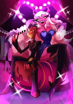 1boy 1girl absurdres blitzo_(helluva_boss) chandllucky colored_skin commentary demon_boy demon_girl demon_horns demon_tail demon_wings dress english_commentary glasses hellaverse helluva_boss highres horns long_hair pink_skin raised_eyebrows red_skin tail verosika_mayday wings