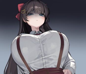 1girl apopo black_background black_hair blue_eyes blush breasts closed_mouth collared_shirt from_below gradient_background grey_background hair_ornament hashtag-only_commentary heart heart_hair_ornament huge_breasts long_hair long_sleeves looking_at_viewer looking_down raised_inner_eyebrows shaded_face shirayuki_hina shirt short_eyebrows solo stellive straight_hair suspenders upper_body virtual_youtuber white_shirt