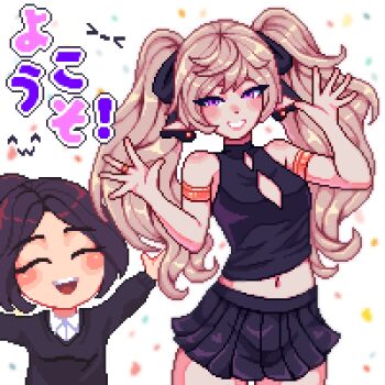 2girls artist_self-insert black_hair black_skirt blush closed_eyes commentary english_commentary high_ponytail highres looking_at_viewer multiple_girls navel open_mouth original pixel_art pleated_skirt pointy_ears ponytail purple_eyes skirt sleeveless teeth twintails upper_teeth_only white_background yumykon yumykon_(yumykon)