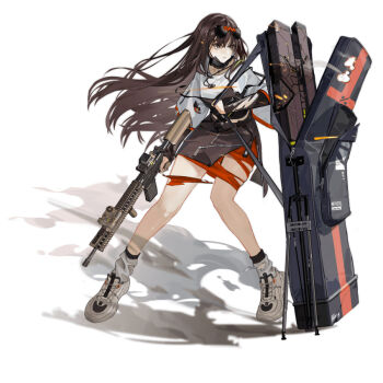 1girl bad_link black_mask brown_eyes girls'_frontline jewelry long_hair m4a1_(girls'_frontline) multicolored_hair necklace official_alternate_costume official_art orange_skirt shirt shoes skirt sneakers socks solo standing sunglasses white_background white_shirt white_socks