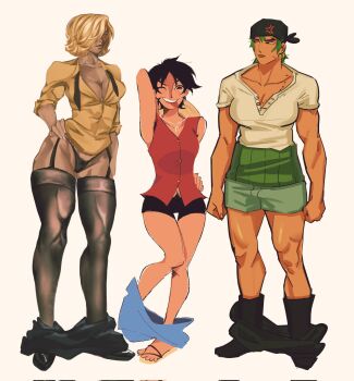 Rule 34 | 3girls, blonde hair, boots, boxer briefs, boxers, breasts, cleavage, garter straps, genderswap, genderswap (mtf), male underwear, monkey d. luffy, multiple girls, muscular, muscular female, one eye closed, roronoa zoro, sandals, sanji (one piece), shirt, shoes, smile, thighhighs, thong, tongue, tongue out, underwear, wink, yowaimomo