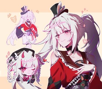 Rule 34 | 1girl, 2875 ple, butterfly-shaped pupils, clothing cutout, diamond (shape), diamond facial mark, diamond on cheek, facial mark, hashtag-only commentary, hat, hat ornament, heart, heart facial mark, heart on cheek, highres, honkai: star rail, honkai (series), mark under both eyes, mini hat, mini top hat, one eye closed, rabbit ear headwear, rabbit hat ornament, red streaks, shoulder cutout, smile, solo, sparkle (honkai: star rail), sparxie (honkai: star rail), symbol-shaped pupils, top hat