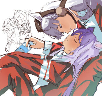 2girls animal_ears annoyed blunt_bangs blush bottle bow bowtie closed_eyes closed_mouth collared_jacket face-to-face flustered gold_ship_(umamusume) grey_hair hat holding holding_bottle horse_ears horse_girl hug hug_from_behind jacket kiss lampy_uikoko long_hair long_sleeves looking_at_another mejiro_mcqueen_(umamusume) multiple_girls open_mouth pants parted_bangs parted_lips pillbox_hat plastic_bottle purple_hair red_hat red_jacket red_pants sailor_collar school_uniform scowl simple_background smile tracen_school_uniform track_jacket umamusume upside-down_kiss very_long_hair yuri