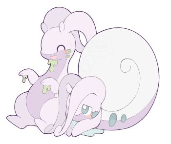 Rule 34 | animal focus, antennae, blue eyes, blush, closed eyes, closed mouth, colored skin, dragon, gen 6 pokemon, goodra, green eyes, highres, hisuian goodra, kuzuyu, nintendo, no humans, open mouth, pokemon, pokemon (creature), pokemon focus, purple skin, regional and normal, shell, simple background, slime (substance), slug, smile, snail, tail, white background