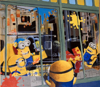 4others absurdres acrylic_paint_(medium) blue_overalls closed_mouth colorful commentary_request creature despicable_me goggles highres minion_(despicable_me) multiple_others one-eyed open_mouth overalls paint_splatter painting_(medium) reflection reflection_focus smile teeth thinking tongue tongue_out traditional_media window yousonn