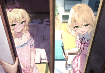 1boy 1girl apron babydoll bare_shoulders blonde_hair blush bow bracelet breasts collarbone frilled_apron frilled_shirt_collar frills futon green_eyes hair_between_eyes hair_bow hairband heart heart-shaped_pupils highres holding holding_ladle idolmaster idolmaster_cinderella_girls indoors jewelry ladle lingerie lips loli looking_at_viewer matanonki navel necklace no_bra no_panties open_mouth pink_apron pink_bow pink_hairband rice ring sakurai_momoka see-through_clothes shirt short_hair sliding_doors small_breasts smile symbol-shaped_pupils tatami television tissue_box underwear wedding_ring white_shirt wooden_floor