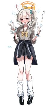 1girl absurdres alternate_costume alternate_hairstyle aoba_(blue_archive) black_jacket black_shoes black_skirt blonde_hair blue_archive blue_scrunchie blush bow brown_shirt clothes_around_waist collared_shirt commentary_request double_v gyaru hair_ornament hair_scrunchie halo highres jacket jacket_around_waist leg_warmers looking_to_the_side open_mouth orange_bow red_eyes sak_(lemondisk) scrunchie shirt shoes side_ponytail skirt sleeves_rolled_up solo sweatdrop v white_leg_warmers white_scrunchie wrist_scrunchie yellow_halo
