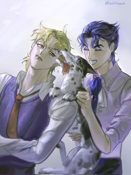 2boys ascot blonde_hair blue_hair blush closed_eyes collared_shirt danny_(jojo) dio_brando dog frown gem great_dane highres jojo_no_kimyou_na_bouken jonathan_joestar multiple_boys necktie red_eyes shirt shota smile sweater_vest tongue tongue_out wlsakr1212