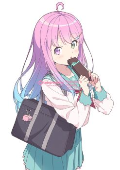 Rule 34 | 1girl, ahoge, aqua sailor collar, aqua skirt, bag, blue hair, blush, box, candy hair ornament, collarbone, commentary, food-themed hair ornament, gradient hair, green eyes, hair ornament, heterochromia, highres, himemori luna, holding, holding box, hololive, kanzaki hiro, long sleeves, luknight (himemori luna), multicolored hair, neckerchief, open mouth, pink hair, pleated skirt, purple eyes, red neckerchief, sailor collar, school bag, school uniform, skirt, untranslatable commentary, virtual youtuber, white background