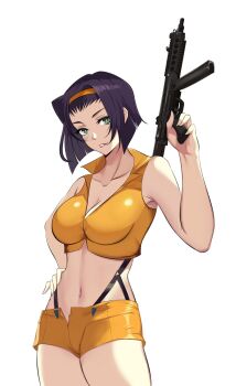 Rule 34 | 1girl, absurdres, breasts, cleavage, commission, cowboy bebop, cowboy shot, crop top, faye valentine, green eyes, gun, highres, large breasts, looking at viewer, machine gun, midriff, navel, parted lips, purple hair, shirt, short hair, shorts, simple background, solo, stomach, suspender shorts, suspenders, weapon, white background, yellow shirt, yellow shorts, zuyu (zuyuzuyu6)