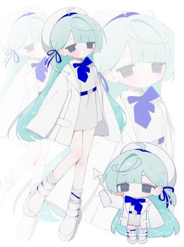 1girl aqua_hair arrow_(projectile) blue_bow blue_bowtie bow bowtie chibi chibi_inset full_body hat highres holding holding_arrow jacket long_hair long_sleeves miniskirt multiple_views open_clothes open_jacket original sakakiai shoes skirt sleeves_past_fingers sleeves_past_wrists standing two_side_up very_long_hair white_hat white_jacket white_shoes white_skirt
