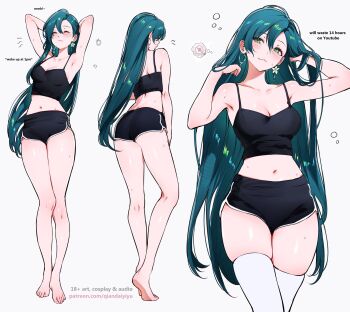 1girl :3 armpits arms_up bare_shoulders black_shorts blush breasts cleavage closed_mouth collarbone commentary earrings english_commentary english_text full_body green_eyes green_hair highres jewelry large_breasts long_hair multiple_views navel original qiandaiyiyu rin_(qiandaiyiyu) short_shorts shorts simple_background sleeveless smile standing stomach thighhighs thighs white_background white_thighhighs