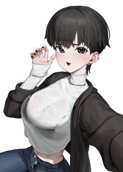 1girl absurdres black_bra black_eyes black_hair black_jacket black_nails blush bra bra_visible_through_clothes breasts commentary commentary_request crop_top cropped_sweater earrings english_commentary eyelashes hair_between_eyes highres jacket jewelry large_breasts looking_at_viewer mixed-language_commentary mole mole_under_eye mole_under_mouth nail_polish navel open_clothes open_jacket open_mouth original pixie_cut rene_(tagua) selfie short_hair simple_background skinny_jeans sleeves_past_wrists smile solo sparkling_eyes sweater tagua teeth tongue turtleneck turtleneck_sweater underwear upper_teeth_only very_short_hair white_background white_sweater
