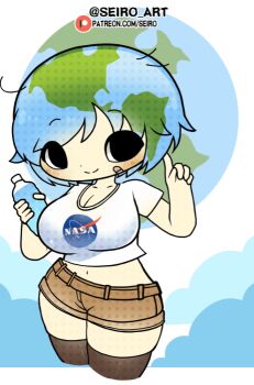 Rule 34 | 1girl, animated, animated gif, aqua hair, bandaid, bandaid on face, black eyes, bottle, breasts, chibi, cleavage, cropped legs, cropped shirt, earth-chan, green hair, holding, holding bottle, large breasts, logo, looping animation, midriff, nasa logo, navel, original, personification, seiro, shirt, short shorts, shorts, solo, t-shirt, thighhighs, water bottle, white shirt
