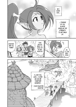 Rule 34 | 1boy, 3girls, :d, absurdres, big hair, bird, breasts, bridge, cleavage, dark-skinned female, dark skin, earrings, greyscale, harem pants, highres, hood, hoop earrings, jewelry, large breasts, long hair, midriff, monochrome, multiple girls, navel, ocean, open mouth, pants, pointy ears, ponytail, rottytops, screentones, seb, shantae, shantae (series), sky (shantae), smile, speech bubble, spiked hair, tiara, traditional media, very long hair