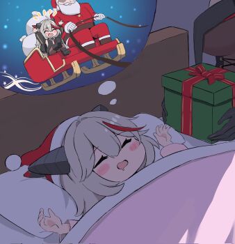 Rule 34 | 1boy, 2girls, ^ ^, aegir (azur lane), aged down, alternate costume, azur lane, backward-facing horns, beard, bed, black bodystocking, black boots, black dress, black horns, blush, bodystocking, boots, box, breast curtains, breasts, casual, christmas, christmas present, closed eyes, commentary request, dragon girl, dragon horns, dreaming, dress, drooling, dual persona, facial hair, flying, full beard, fur-trimmed boots, fur-trimmed headwear, fur trim, gift, gift box, gloves, grey hair, hands up, hat, highres, holding, holding box, holding gift, holding reins, horns, large breasts, little aegir (azur lane), long hair, long sleeves, lying, multicolored hair, multiple girls, namazake, night, old, old man, open mouth, outdoors, pantyhose, pillow, red hair, red streaks, reins, ribbon, sack, santa claus, santa costume, santa hat, sled, sleeping, sleigh, smile, snowing, speech bubble, streaked hair, thick beard, thought bubble, two-tone hair, under covers, very long hair, white hair