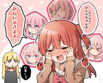 &gt;_&lt; 2girls ^_^ absurdres after_kiss blue_eyes blush bocchi_the_rock! closed_eyes embarrassed frown gotoh_hitori gushing heart heart-shaped_pupils highres ijichi_seika jacket kita_ikuyo multiple_girls pink_hair pink_jacket pink_track_suit red_hair saliva saliva_trail shimakura_asado smile speech_bubble symbol-shaped_pupils track_suit translation_request triangle_mouth yellow_eyes yuri