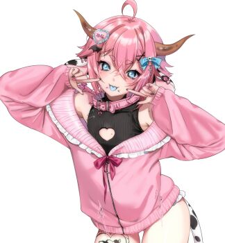 1boy ahoge animal_ears black_nails black_shirt blue_eyes blue_tongue blush clothing_cutout collar colored_tongue commentary cow_boy cow_ears cow_horns cow_tail cowboy_shot crossed_bangs double-parted_bangs english_commentary fingers_to_cheeks hair_between_eyes hair_ornament hands_up heart heart_cutout heart_hair_ornament highres horns indie_virtual_youtuber jacket leg_tattoo long_sleeves looking_at_viewer male_focus mole mole_under_eye moomoomaru_(vtuber) nail_polish open_mouth partially_unzipped piercing pink_collar pink_hair pink_jacket pink_nails safety_pin second-party_source shirt short_hair shulliy_baudelair simple_background sleeveless sleeveless_shirt smile solo sweater tail tattoo tongue tongue_out tongue_piercing torn_clothes torn_sweater trap virtual_youtuber white_background x_hair_ornament