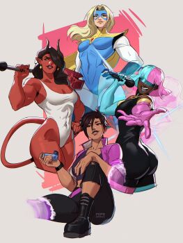 4girls abs aqua_hair ass black_hair black_horns black_pants blonde_blazer blonde_hair blue_lips blue_mask bob_cut breasts colored_sclera colored_skin commentary cropped_jacket dark-skinned_female dark_skin demon_girl demon_horns demon_tail dispatch english_commentary grin highleg highleg_leotard highres holding holding_microphone holding_weapon horns invisigal jacket leotard lips long_hair malevola_(dispatch) mask medium_breasts microphone multicolored_hair multiple_girls muscular muscular_female no_pupils open_mouth pants pepedraws pink_hair pink_jacket pink_lips prism_(dispatch) red_skin short_hair sitting smile split-color_hair superhero_costume tail torn_clothes torn_pants weapon white_leotard yellow_sclera