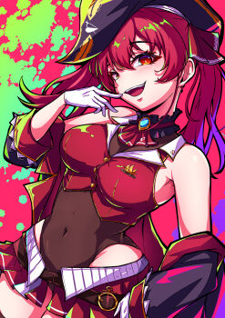 1girl ascot bare_shoulders bicorne black_hat breasts brown_leotard commentary_request covered_navel cowboy_shot cropped_jacket gloves hair_between_eyes hand_up hat heterochromia highres hololive houshou_marine houshou_marine_(1st_costume) jacket karan_koron100 large_breasts leotard leotard_under_clothes long_hair looking_at_viewer miniskirt no_eyepatch open_mouth pirate_hat red_ascot red_eyes red_hair red_jacket red_skirt see-through_clothes see-through_leotard skirt sleeveless sleeveless_jacket smile solo twintails virtual_youtuber white_gloves yellow_eyes