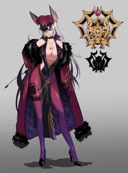 1girl absurdres animal_ear_fluff animal_ears animal_print bat_ears bat_print breast_tattoo breasts choker coat commentary_request contrapposto elbow_gloves fang full_body fur_trim gloves gradient_background grey_background grey_hair hand_on_own_hip hat high_heels highres holding holding_riding_crop jewelry large_breasts long_coat long_hair looking_at_viewer military_hat monocle necklace original pantyhose peaked_cap pelvic_curtain purple_coat red_eyes riding_crop ryuu_tou solo tattoo vampire very_long_hair zhonya_birgit_(ryuu_tou)