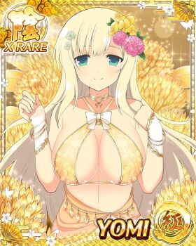 Rule 34 | 1girl, aqua eyes, blonde hair, border, breasts, card (medium), cleavage, closed mouth, floral background, flower, game cg, gold flower, hair flower, hair ornament, hairclip, large breasts, long hair, looking at viewer, navel, non-web source, official alternate costume, official art, pink flower, senran kagura, senran kagura new wave, smile, solo, yomi (senran kagura)