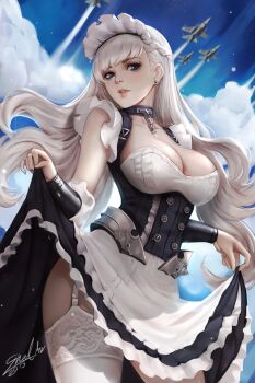 1girl aircraft airplane alternate_legwear arm_guards azur_lane bare_shoulders belfast_(azur_lane) black_dress braid breasts broken broken_chain buttons chain cleavage clothes_lift cloud cloudy_sky collar collarbone commentary cowboy_shot double-breasted dress dress_lift earrings english_commentary female_focus frilled_dress frills garter_straps highres jet jewelry large_breasts lifting_own_clothes long_hair maid maid_headdress parted_lips pink_lips sherylnome signature silver_hair single_thighhigh sky solo stud_earrings thighhighs underbust very_long_hair white_thighhighs