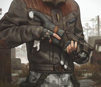 Rule 34 | 1boy, animal, animalization, brown jacket, bullet necklace, camouflage, camouflage pants, cat, fukurau, grey pants, holding, holding animal, holding cat, jacket, leather, leather jacket, mask, mouth mask, outdoors, overcast, pants, power lines, skif (stalker 2), sky, solo, stalker (game), stalker 2: heart of chornobyl, strider (stalker), unconventional gun