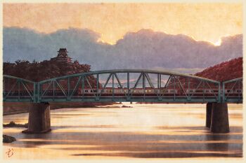 aichi_prefecture architecture border bridge check_commentary cloud cloudy_sky commentary commentary_request hill japanese_castle landscape mountainous_horizon mugumo_24k multiple_unit_train nagoya_railroad no_humans orange_sky original outdoors real_world_location river scenery signature sky sunset train yellow_border