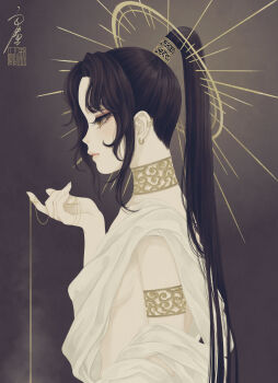 1girl absurdres armlet black_hair breasts brown_background choker closed_mouth commentary_request ear_piercing earrings expressionless eyelashes from_side half-closed_eyes halo hand_up high_ponytail highres holding holding_string jewelry long_hair looking_away original parted_bangs piercing ponytail profile seal_impression sideboob signature solo string toga upper_body ushiyama_ame yellow_eyes