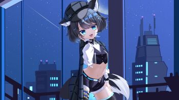 1girl animal_ears artist_request belt black_hair blue_eyes cape collar commission cowboy_shot dog_ears dog_girl dog_tail fangsie_fido hand_on_own_cheek hand_on_own_face hat highres long_sleeves midriff multicolored_hair open_mouth shorts smile tail thighhighs two-tone_hair variance_project virtual_youtuber white_hair zettai_ryouiki