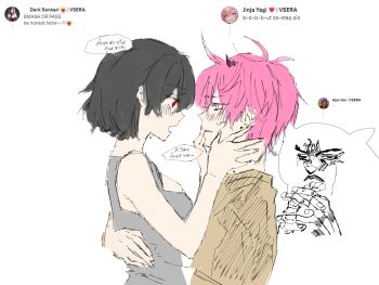 1girl ajax_gar_(vtuber) animal_horns artist_request assertive_female bad_id bad_twitter_id black_hair blue_eyes blush breasts brown_hair caught dark_sankari_(vtuber) english_text eye_contact femdom girl_on_top hand_on_another&#039;s_face highres horns hug jinja_yagi_(vtuber) jojo_reference looking_at_another medium_breasts meme messy_hair nervous_sweating non-web_source open_mouth pink_hair profile red_eyes short_hair sideboob singlet sketch smash_or_pass someone_can_see speech_bubble spot_color sweat traced tweet twitter virtual_youtuber vsera watching worried worried_face worried