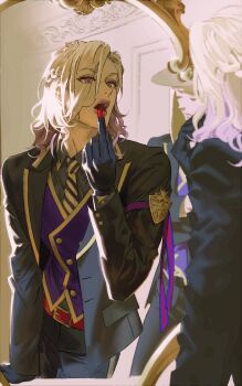 2boys androgynous applying_lipstick applying_makeup armband asa_(ultimatekakkoii) belt black_gloves blazer blonde_hair braid collared_shirt diagonal-striped_clothes diagonal-striped_necktie eyeshadow gloves gradient_hair half_up_braid highres jacket lapels leaning_on_table lipstick long_sleeves looking_at_reflection makeup male_focus medium_hair mirror multicolored_hair multiple_boys necktie night_raven_college_school_uniform notched_lapels open_mouth parted_bangs purple_armband purple_eyes purple_hair red_belt reflection reflection_focus rook_hunt shirt solo_focus striped_clothes twisted_wonderland vest vil_schoenheit waistcoat wavy_hair