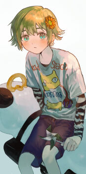 Rule 34 | 1boy, absurdres, androgynous, basil (faraway) (omori), basil (omori), bishounen, black shorts, blonde hair, blue eyes, blush, closed mouth, commentary request, experiment 667 (omori), flower, hair flower, hair ornament, highres, holding, holding pinwheel, kanaraki, long sleeves, looking at viewer, male focus, omori, orange flower, pinwheel, shirt, short hair, short sleeves, shorts, sitting, solo, trap, white shirt