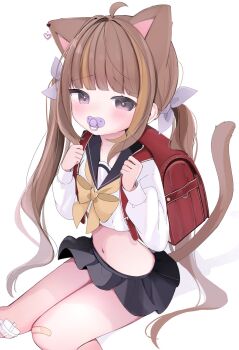 Rule 34 | 1girl, ahoge, animal ears, backpack, bag, bandaid, bandaid on knee, bandaid on leg, black sailor collar, black skirt, blush, bow, bowtie, brown hair, cat ears, crop top, gauze on knee, hair ribbon, heart, highres, long sleeves, looking at viewer, midriff, miniskirt, multicolored hair, navel, nocchi (r ws2l), original, pacifier, pink eyes, purple ribbon, randoseru, red bag, ribbon, sailor collar, school uniform, shirt, simple background, sitting, skirt, solo, streaked hair, tail, twintails, white background, white shirt, yellow bow, yellow bowtie