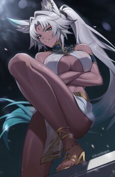 1girl alternate_skin_color animal_ear_fluff animal_ears aqua_eyes armlet bare_shoulders breasts cleavage dark-skinned_female dark_skin darkened_skin feet feixiao_(honkai:_star_rail) gold_sandals gold_trim gradient_background gradient_hair grey_hair hair_intakes high_heels highres honkai:_star_rail honkai_(series) jewelry knee_up konekogou legs long_hair looking_at_viewer multicolored_hair parted_bangs parted_lips ponytail sandals solo sweatdrop thighs toenails toes twitter_username very_long_hair