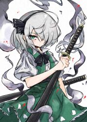 Rule 34 | 1girl, black bow, black hairband, bow, collared shirt, deal360acv, dress, facing viewer, frilled dress, frills, green dress, green eyes, grey hair, hair ribbon, hairband, highres, hitodama, holding, holding sword, holding weapon, katana, knees out of frame, konpaku youmu, konpaku youmu (ghost), looking at viewer, multiple swords, puffy sleeves, ribbon, sheath, sheathed, shirt, short hair, simple background, solo, sword, touhou, vest, weapon, white background, white shirt