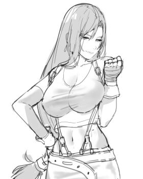 1girl belt breasts collarbone crop_top elbow_gloves female_focus final_fantasy final_fantasy_vii fingerless_gloves gloves hand_on_own_hip j@ck large_breasts long_hair looking_to_the_side low-tied_long_hair navel simple_background sketch sleeveless smile solo square_enix stomach tank_top tifa_lockhart toned unfinished white_background