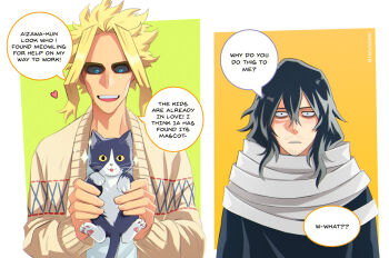 2boys :d animal black_sclera black_sweater blonde_hair blue_eyes boku_no_hero_academia brown_jacket cat colored_sclera commentary english_commentary english_text aizawa_shota grey_scarf heart highres jacket male_focus multiple_boys open_clothes open_jacket open_mouth orange_background parted_lips scarf smile speech_bubble split_screen sweater teeth tongue tongue_out trevo_(trevoshere) upper_teeth_only white_background yagi_toshinori yellow_background
