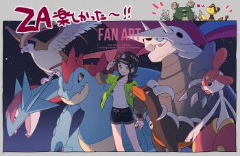 1girl absurdres aggron ampharos black_hair black_hat black_shorts bracelet commentary_request feraligatr garbodor gen_1_pokemon gen_2_pokemon gen_3_pokemon gen_5_pokemon green_jacket grin hand_on_headwear hand_up harmony_(pokemon) hat highres holding holding_poke_ball houndoom jacket jewelry medicham mugiccha2 nintendo open_clothes open_jacket pidgeot poke_ball poke_ball_(basic) pokemon pokemon_(creature) pokemon_legends:_z-a salamence shirt shorts smile teeth watermark white_shirt yellow_eyes