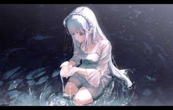 1girl artist_name braid breasts cleavage closed_mouth collarbone commentary crown_braid cupping_hands dress elf emilia_(re:zero) english_commentary flower full_body hair_flower hair_ornament hair_ribbon highres holding_water junarts kneehighs kneeling letterboxed long_hair own_hands_together pointy_ears re:zero_kara_hajimeru_isekai_seikatsu ribbon socks solo wading water wet wet_clothes wet_dress white_dress white_hair x_hair_ornament