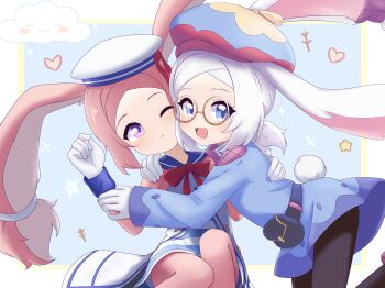 12tailsonline 2girls belt_pouch blue_eyes body_fur dress hat hug multiple_girls one_eye_closed patterned_clothing pink_hair pouch purple_eyes rabbit_(12tailsonline) rabbit_ears rabbit_girl rabbit_tail red_ribbon ribbon roomie.parn sailor_dress sailor_hat short_dress simple_background striped_clothes sweater turtleneck turtleneck_sweater white_hair wristband