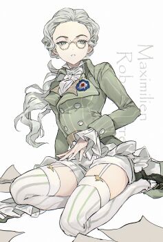 Rule 34 | 1girl, absurdres, black shoes, buttons, character name, double-breasted, full body, garter straps, genderswap, genderswap (mtf), glasses, green eyes, green jacket, highres, icefefe, jacket, long hair, looking at viewer, low ponytail, maximilien robespierre, pantyhose, paper, parted lips, pinstripe jacket, pinstripe pantyhose, pinstripe pattern, ponytail, real life, round eyewear, shirt, shoes, shorts, sitting, solo, striped clothes, striped pantyhose, vertical-striped clothes, vertical-striped pantyhose, white background, white pantyhose, white shirt, white shorts, yokozuwari