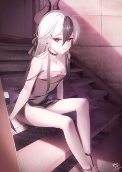 1girl absurdres bare_shoulders black_dress blue_archive choker demon_horns demon_wings dress full_body highres horns kayoko_(blue_archive) kayoko_(dress)_(blue_archive) long_hair lying on_side rara086 red_eyes stairs white_hair wings