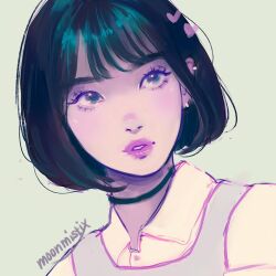 Rule 34 | 1girl, animification, artist name, black choker, black hair, blunt bangs, bob cut, choker, close-up, collared shirt, commentary, earrings, english commentary, eunha (gfriend), eyelashes, gfriend, heart, jewelry, k-pop, looking to the side, moonmistix, parted lips, purple lips, real life, shirt, short hair, simple background, solo, upper body, white shirt
