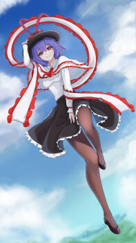 Rule 34 | 1girl, absurdres, ascot, black hat, black pantyhose, black shoes, black skirt, blue sky, blurry, blurry background, bow, capelet, closed mouth, commentary, frilled skirt, frills, full body, hand on headwear, hat, hat bow, high heels, highres, iliketequila, nagae iku, outdoors, pantyhose, purple hair, red ascot, red bow, red eyes, shirt, shoes, short hair, skirt, sky, smile, solo, touhou, white capelet, white shirt