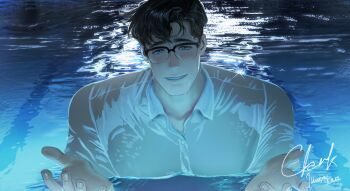 1boy black-framed_eyewear black_hair blue_eyes blush character_name clark_kent collared_shirt dated dc_comics glasses hashtag-only_commentary highres illuzyne male_focus my_adventures_with_superman partially_submerged pool shirt signature smile sparkle superman_(series) upper_body water wet wet_clothes wet_shirt