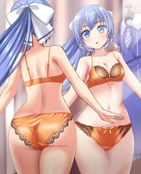 1girl :o absurdres ass back blue_eyes blue_hair blurry blurry_background blush bow bow_bra bow_panties bra breasts cleavage commentary_request commission crotch_seam depth_of_field fitting_room frilled_bra frilled_panties frills hair_ornament hair_ribbon hairclip highres indoors lingerie looking_at_viewer navel orange_bra orange_panties original panties partial_commentary pixiv_commission ponytail reflection ribbon school_uniform small_breasts solo standing underwear underwear_only unworn_clothes white_ribbon zanntetu