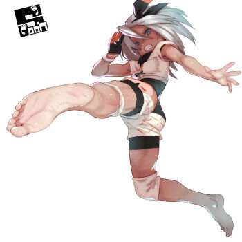 1girl barefoot bea_(pokemon) black_bodysuit black_hairband blue_eyes bodysuit bodysuit_under_clothes bow_hairband bright_pupils clenched_teeth commentary_request commission dynamax_band feet gloves hair_between_eyes hairband knee_pads looking_down nintendo pixiv_commission pokemon pokemon_swsh print_shirt print_shorts shirt short_sleeves shorts simple_background single_glove soles solo soon_(c-u-soon) teeth toes white_background white_pupils white_shirt white_shorts